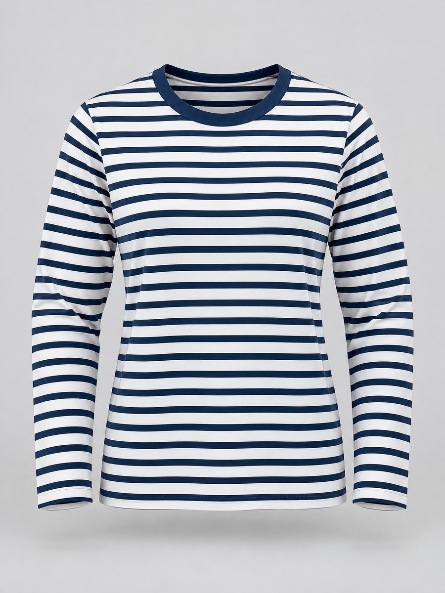 The same striped top as an invisible-mannequin shot, filled out as if worn, with no form or person, on a pale gray sweep