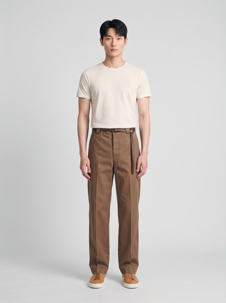 Output: the same brown pleated trousers with a plain tee on a studio sweep