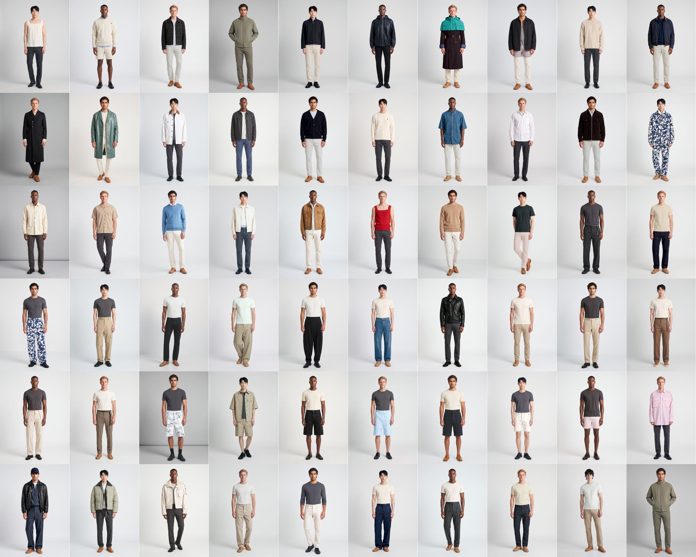 Contact sheet of 59 menswear frames, each a full-length figure on a cool gray studio sweep