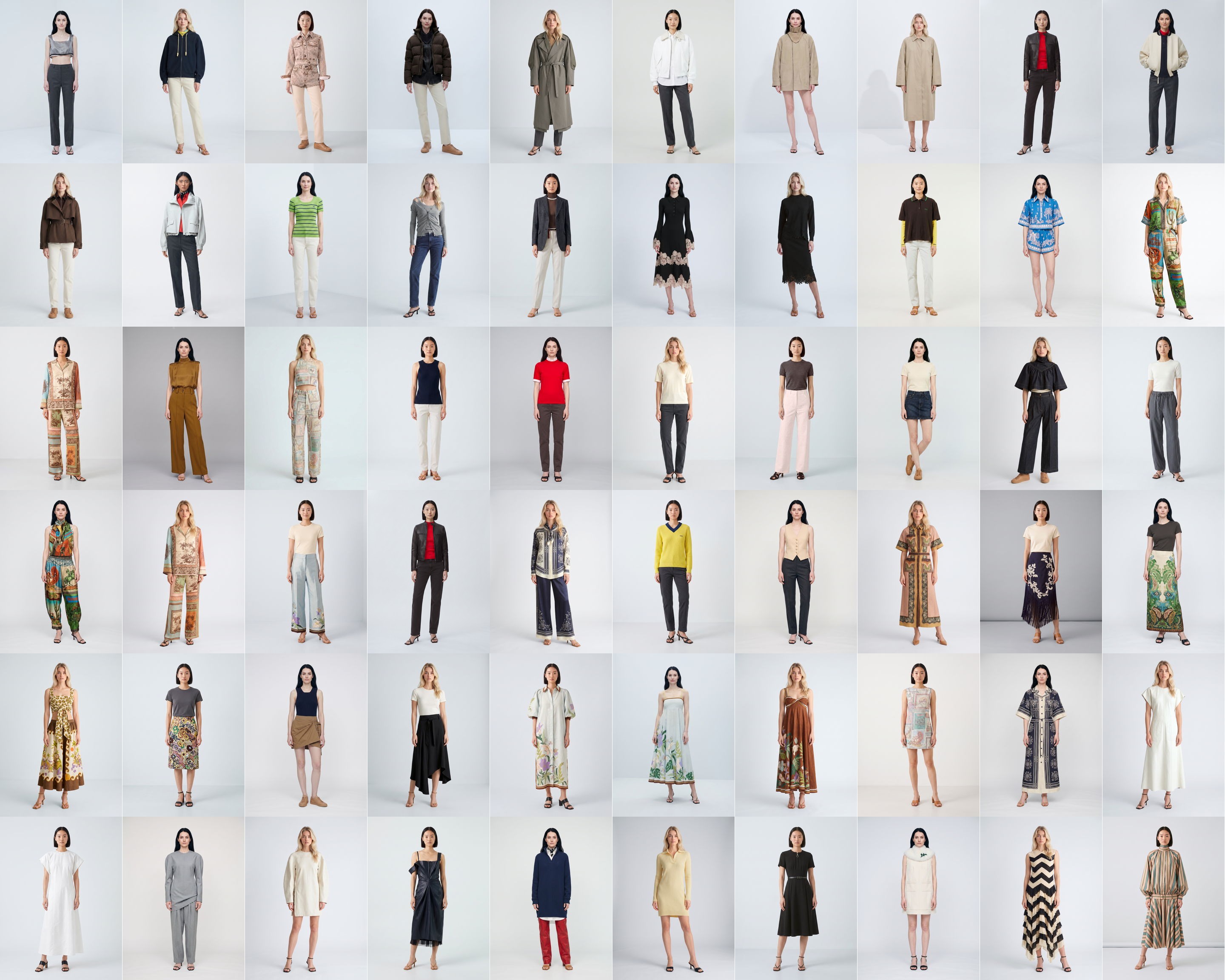Contact sheet of 60 womenswear frames, each a full-length figure on a pale studio sweep