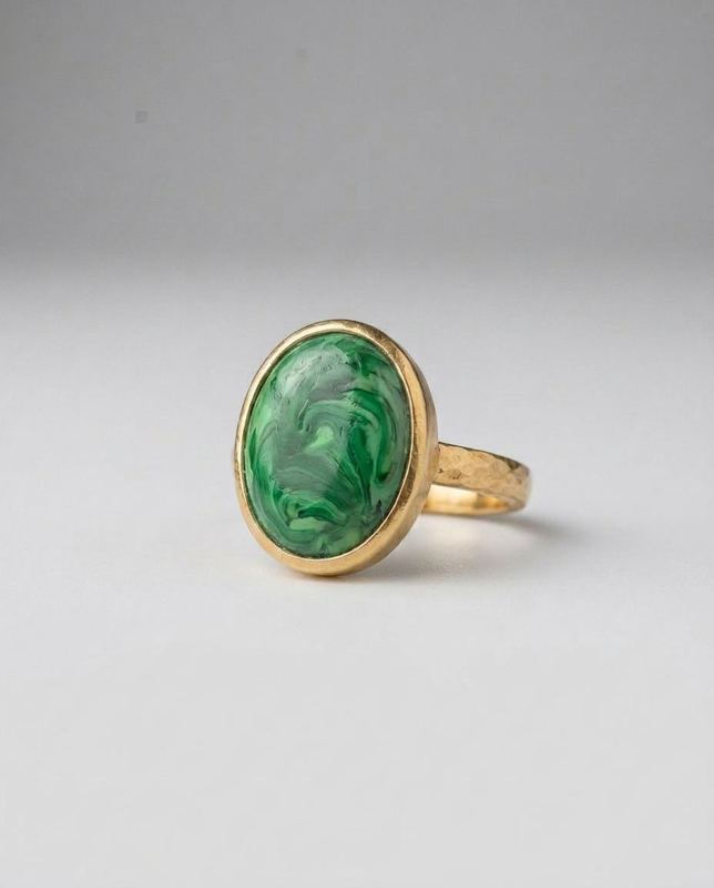 Reconstruction of a rejected frame: The malachite came back as green glass. The banding is the stone.