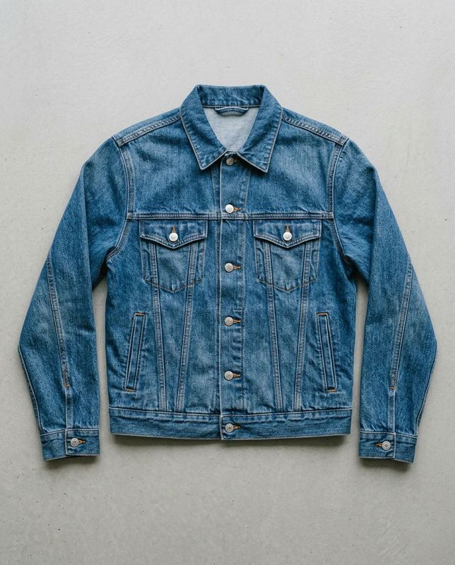 Flat lay of a mid-blue denim jacket with chest pockets on a gray surface