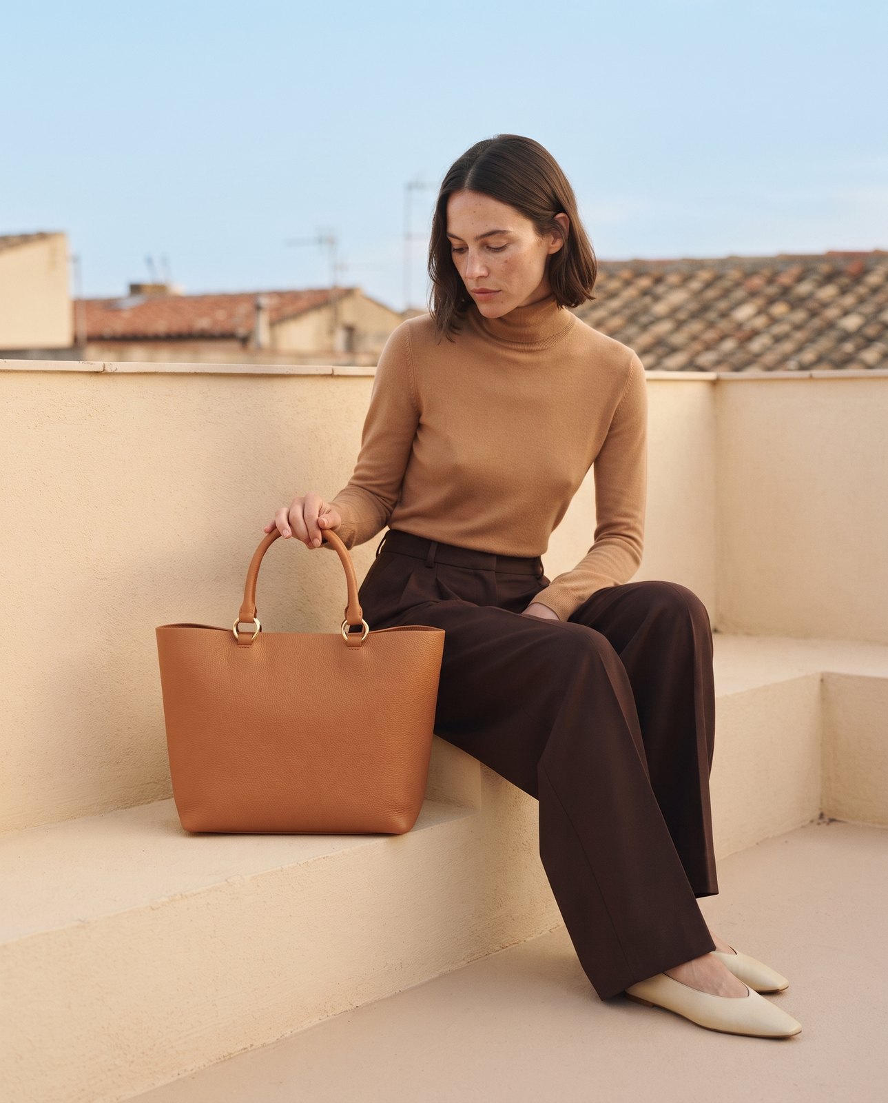 A dark-haired woman seated on sunlit terrace steps with one hand on the tan leather tote beside her
