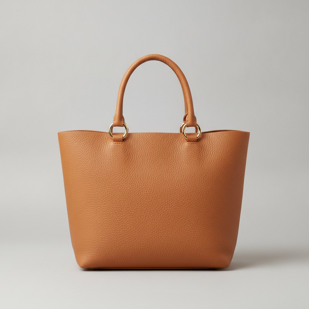 Studio photo of a tan pebbled leather tote with two rolled handles and gold-tone rings, on a light gray sweep