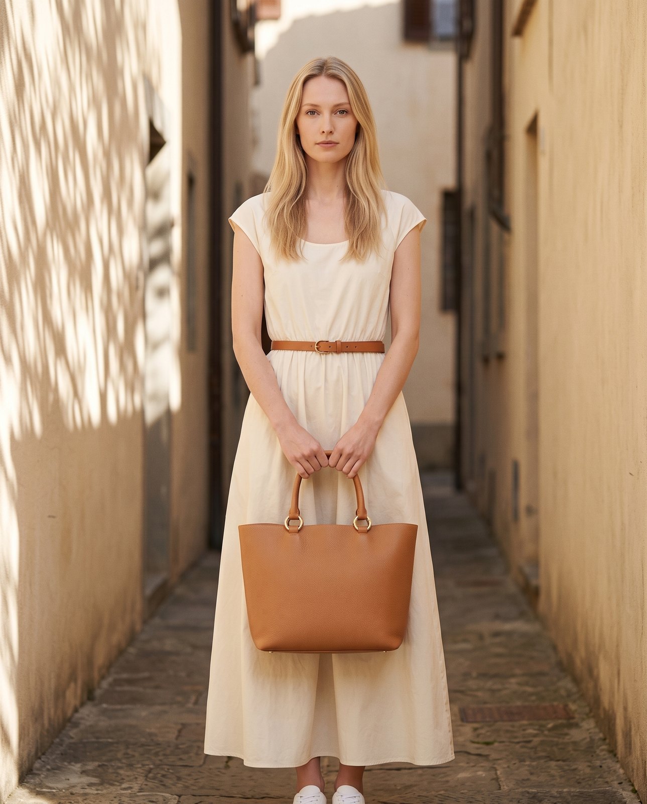 A blonde woman in a cream dress holding the tan leather tote by its handles in a sunlit stone lane