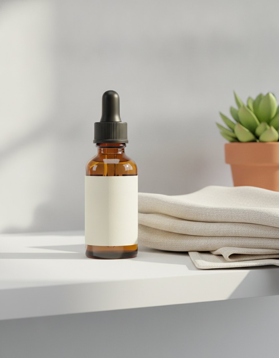 The amber serum bottle on a white bathroom shelf beside folded linen towels and a small succulent