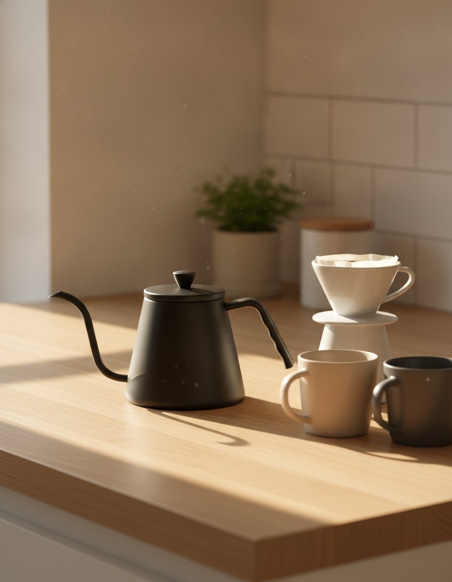 The black gooseneck kettle on a pale oak kitchen counter in morning light, beside a pour-over dripper and two mugs