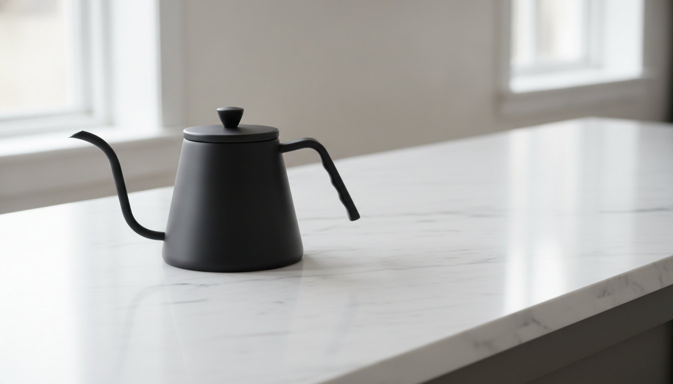 Wide shot of the black gooseneck kettle on a white marble counter by a window, with open counter space to the right