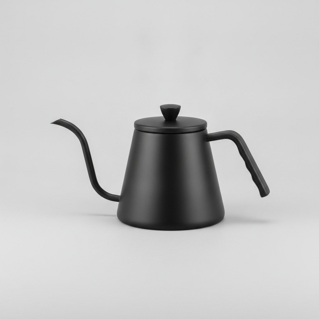 Studio photo of a matte black gooseneck kettle with a slim curved spout and a round lid knob, on a light gray sweep