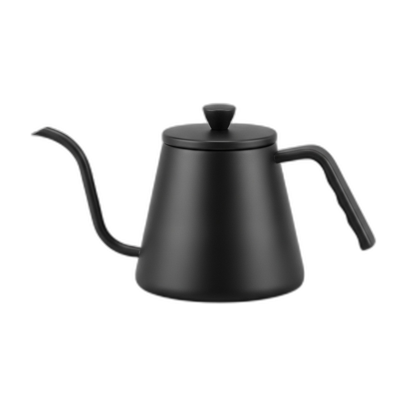 The same black gooseneck kettle cut out and placed on a pure white background, filling 85% of the frame