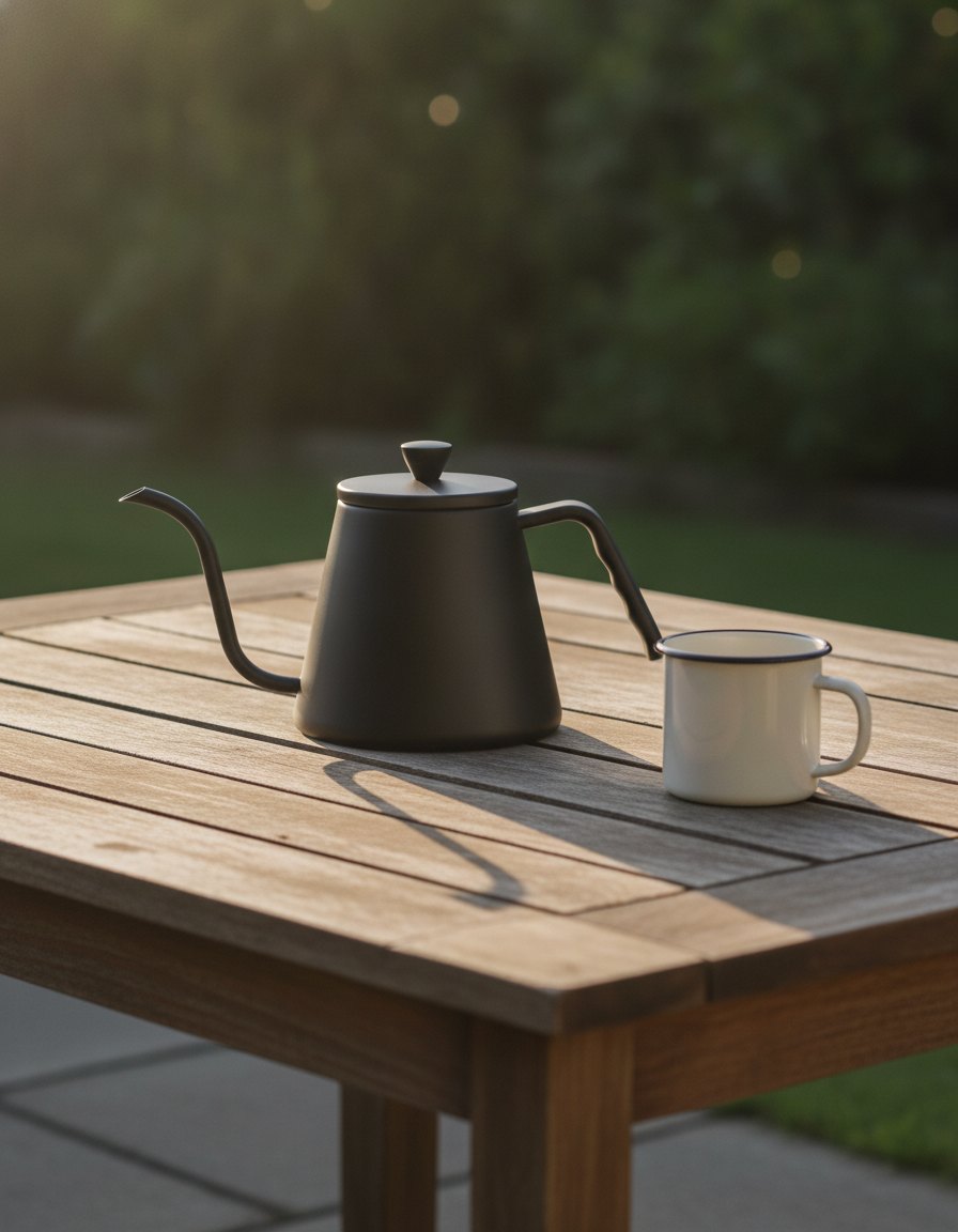 The black gooseneck kettle on a weathered wooden patio table in late sun, beside an enamel mug