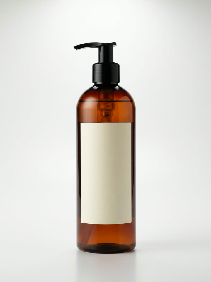 An amber pump bottle with a blank cream label on a white sweep, the reference image
