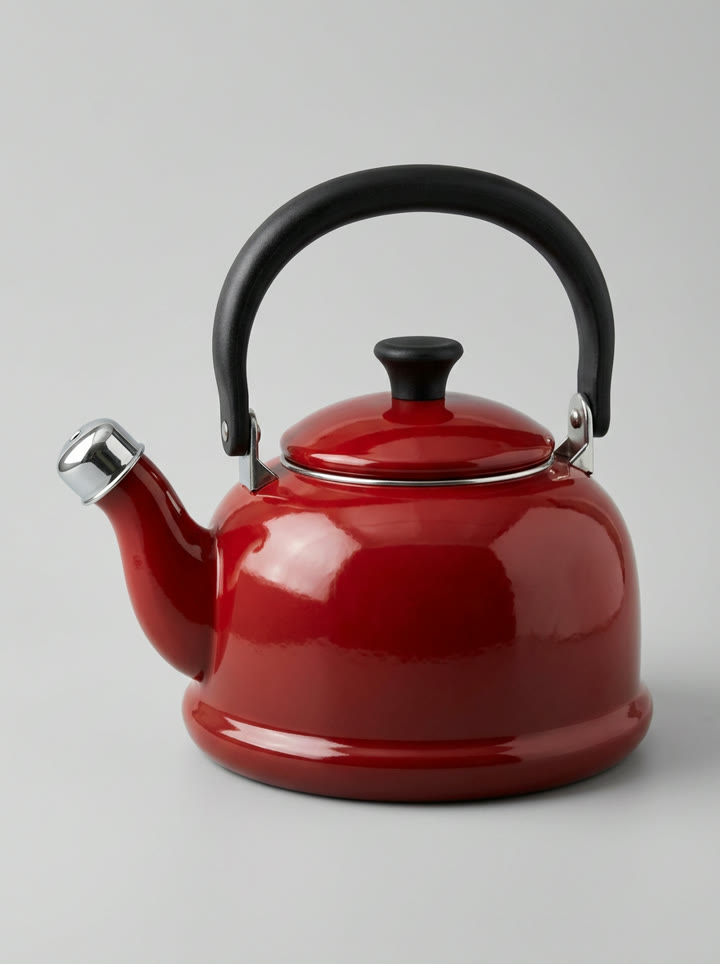 A glossy red enamel kettle with a black handle on a gray sweep, the reference image